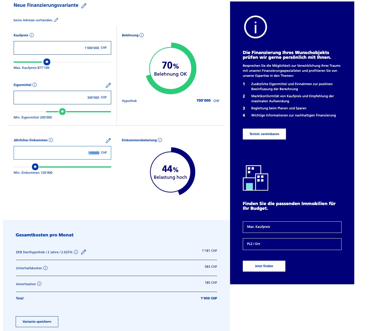 ZKB mortgage calculator